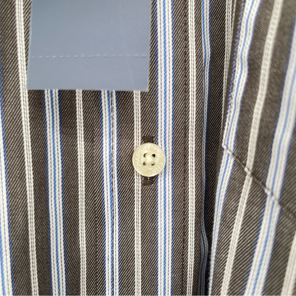 New CHAPS Button-Down Mens Large 100% Cotton Long Sleeve Grey Blue White Stripes - Picture 11 of 14